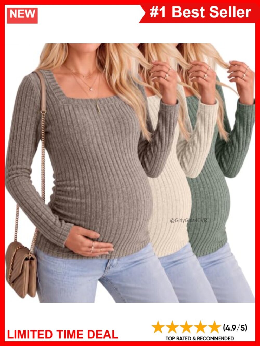 Maternity Ribbed Knit Long Sleeve Sweater 3 Pack Square Neck Fitted